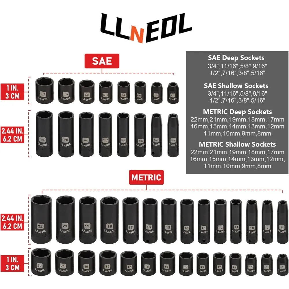 LLNEDL 3/8" Drive Impact Socket Set 95Pcs, Spark Plug Socket (5/8", 13/16"), 6 Point Metric & SAE from 5/16"- 3/4", 8-22mm,