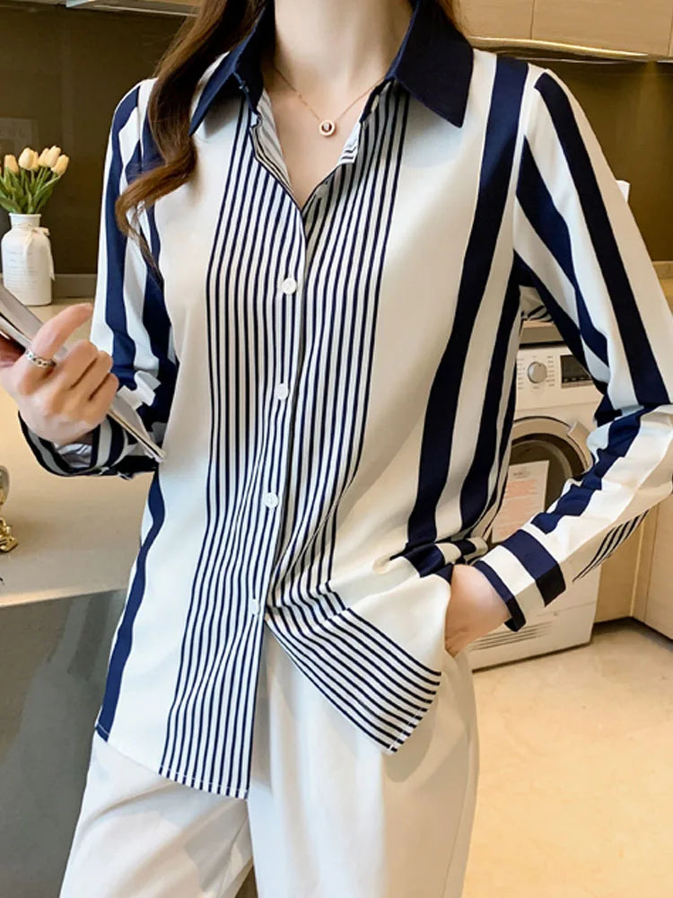 Long Sleeve Striped Chiffon Blouse