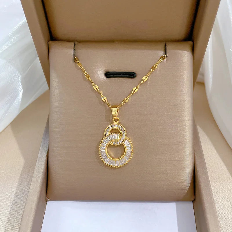 Stainless Steel Gold Color Double Circle Necklace