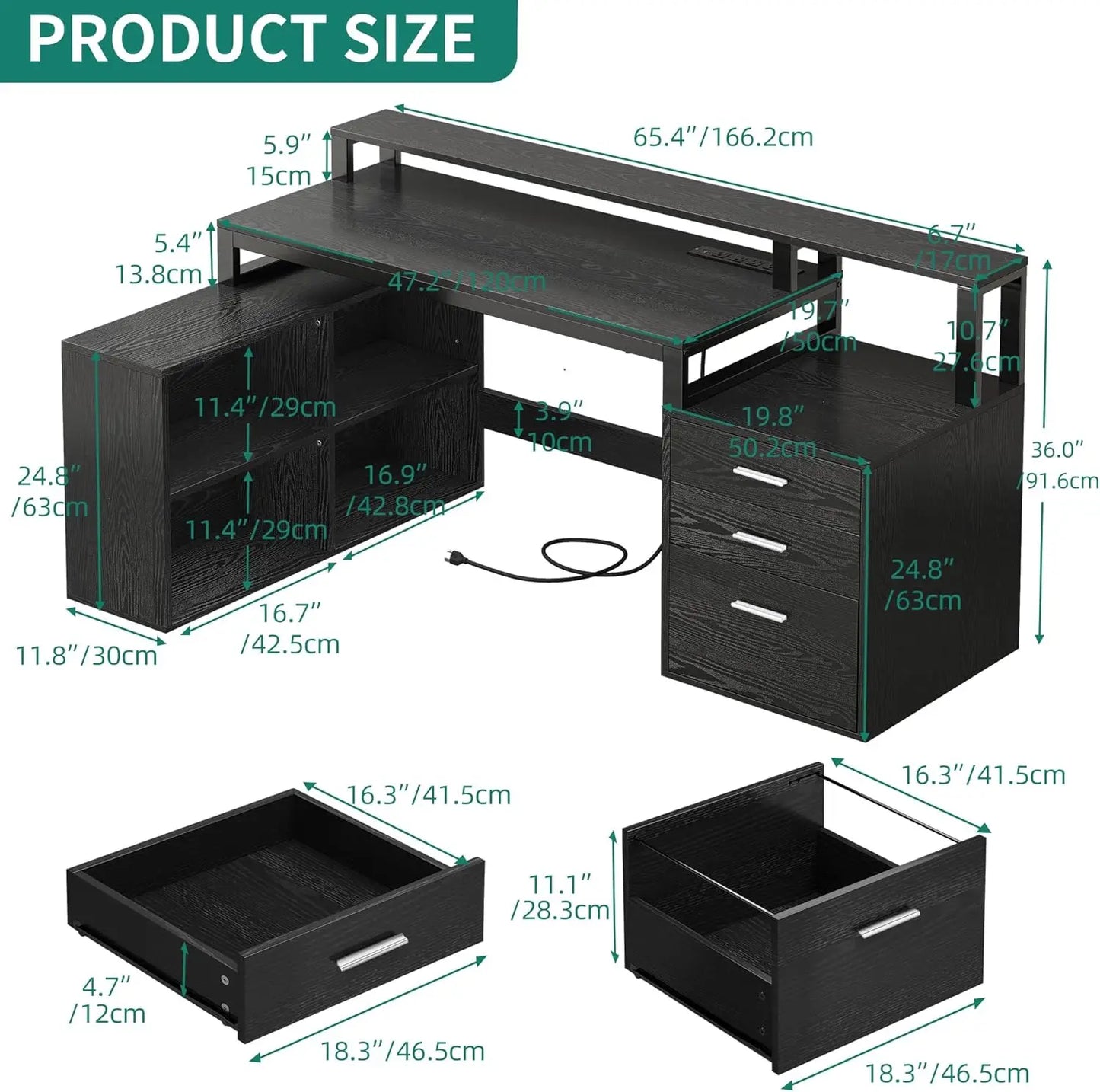 L Shaped Desk with 3 Drawers 65"