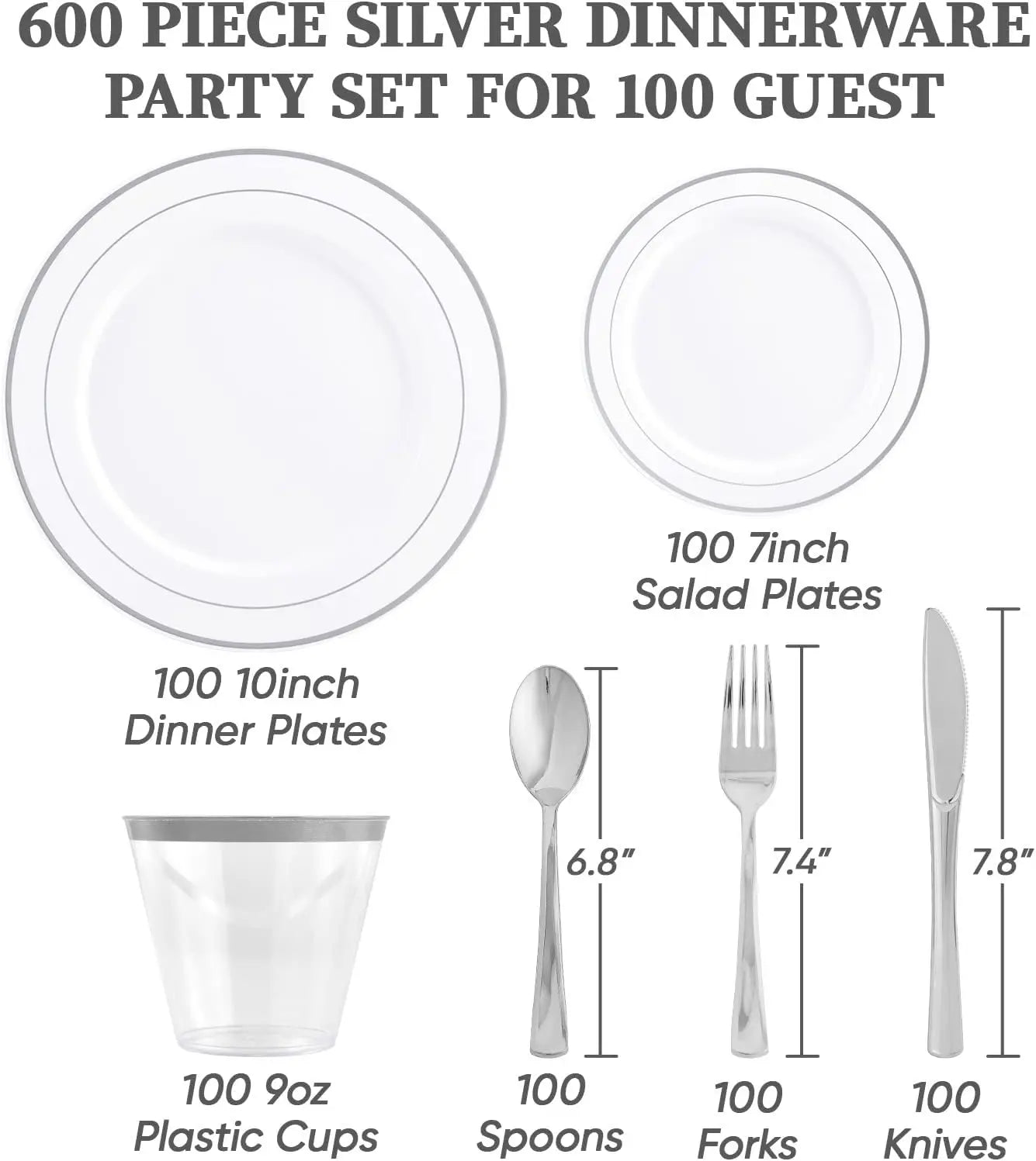 FOCUSLINE 600pcs Silver Dinnerware Set for 100 Guests, Silver Rimmed Plastic Plates Disposable, 100 Dinner Plates, 100 Dessert P