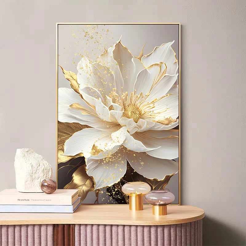 Gold Leaf White Flowers Oil Paintings