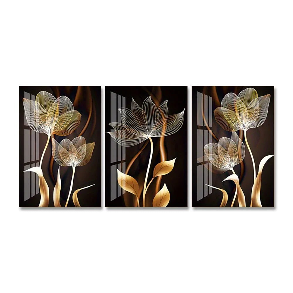 3PCS Black and Golden Flower Wall Art