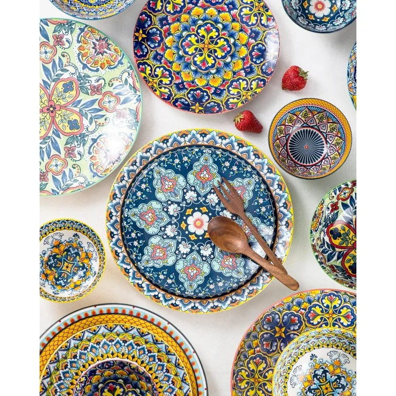 Ceramic Dinner Plates , Pasta, Salad Plate, Porcelain Colorful Serving Dishes , Dishware, Microwave & Oven safe - Bohemian Style