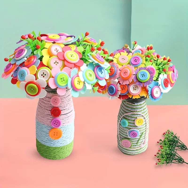 Flower Bouquet Crafts for Girls with Buttons and Felt Flowers, Vase Art for Children - DIY Activity Christmas Birthday Gift