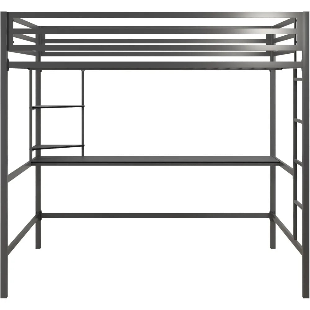 Metal Full Loft Bed with Desk & Shelves, Gray/Black