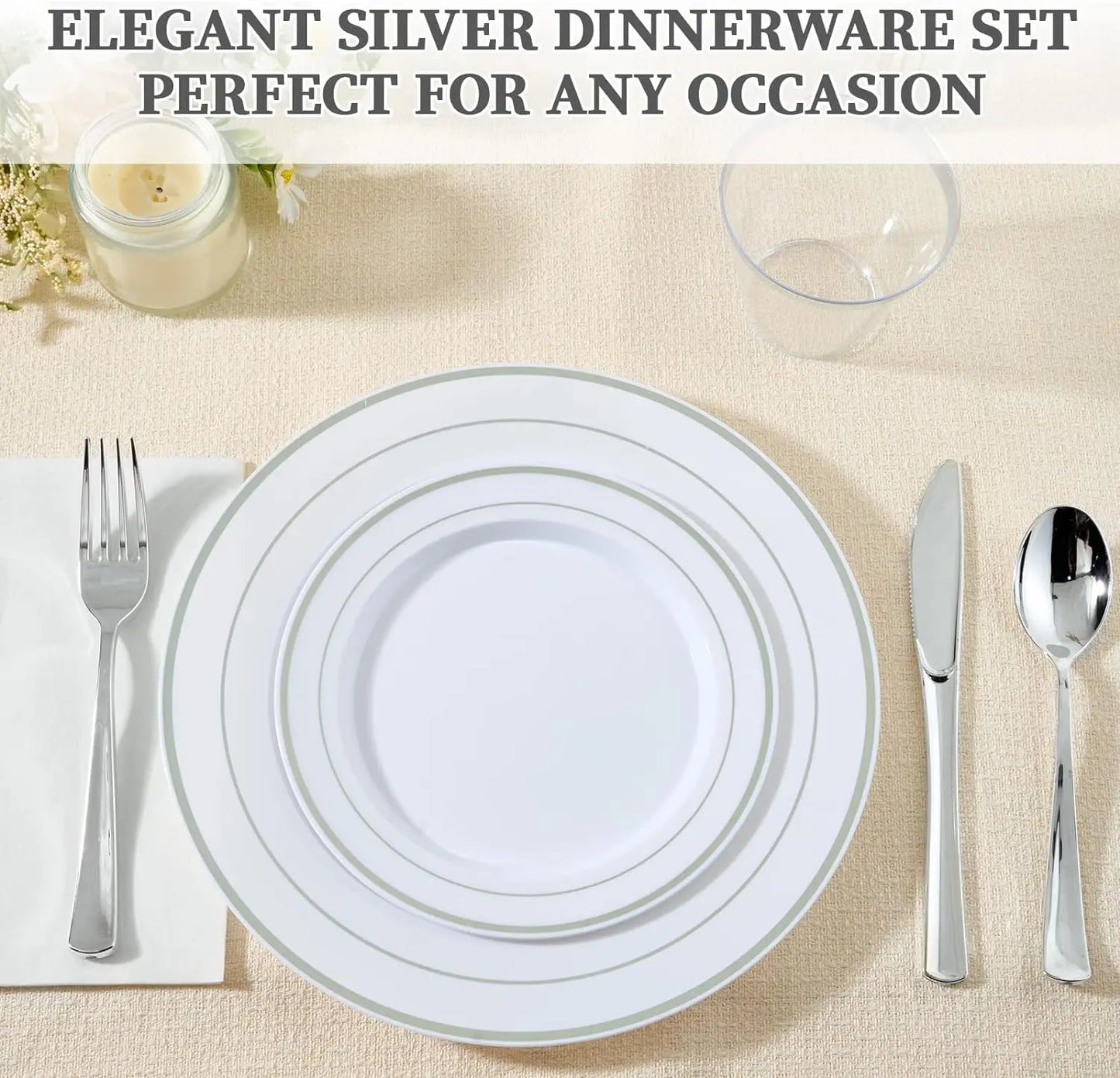 FOCUSLINE 600pcs Silver Dinnerware Set for 100 Guests, Silver Rimmed Plastic Plates Disposable, 100 Dinner Plates, 100 Dessert P