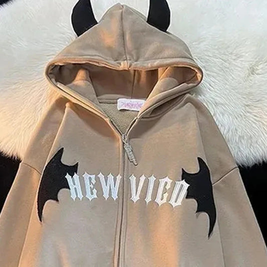 Hip Hop Gothic Bat Wing Devil Horn Gothic Zip Up Hoodie Jacket Women Men Oversized Sweatshirt Kawaii Clothes Harajuku Winter Y2K