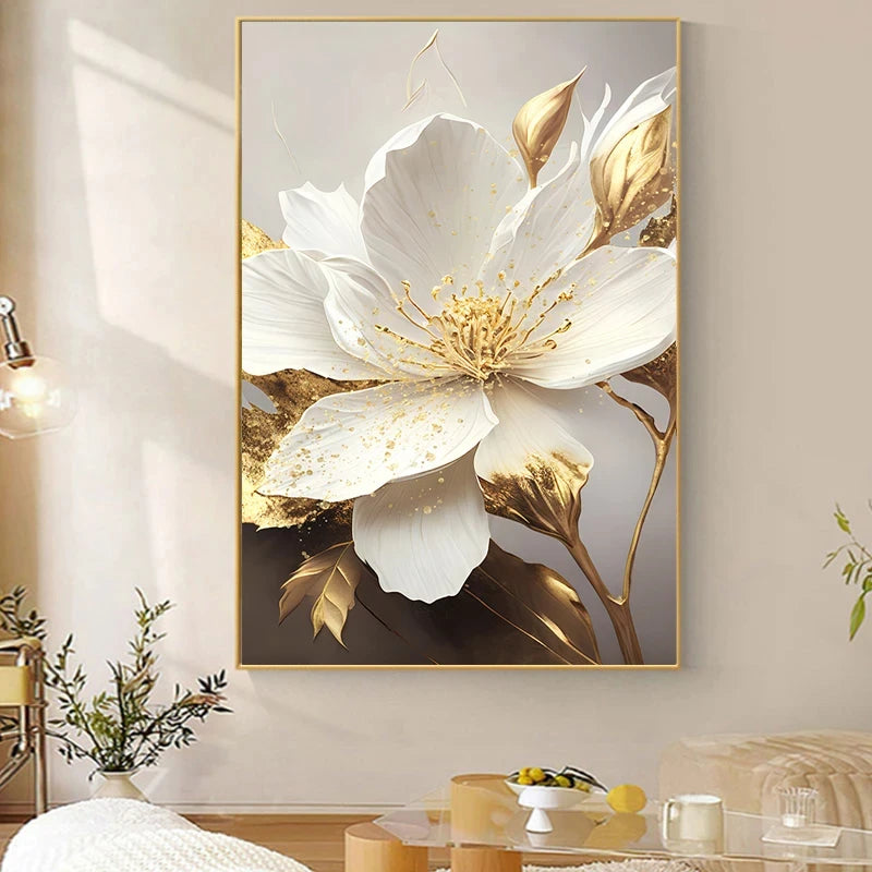 Gold Leaf White Flowers Oil Paintings