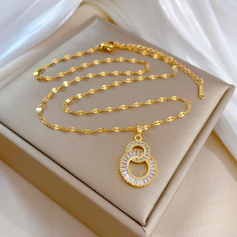 Stainless Steel Gold Color Double Circle Necklace