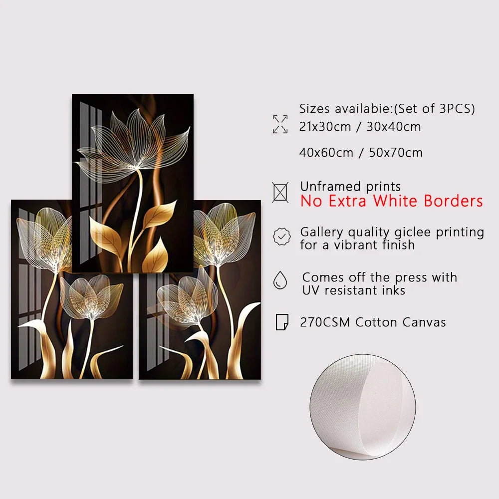 3PCS Black and Golden Flower Wall Art