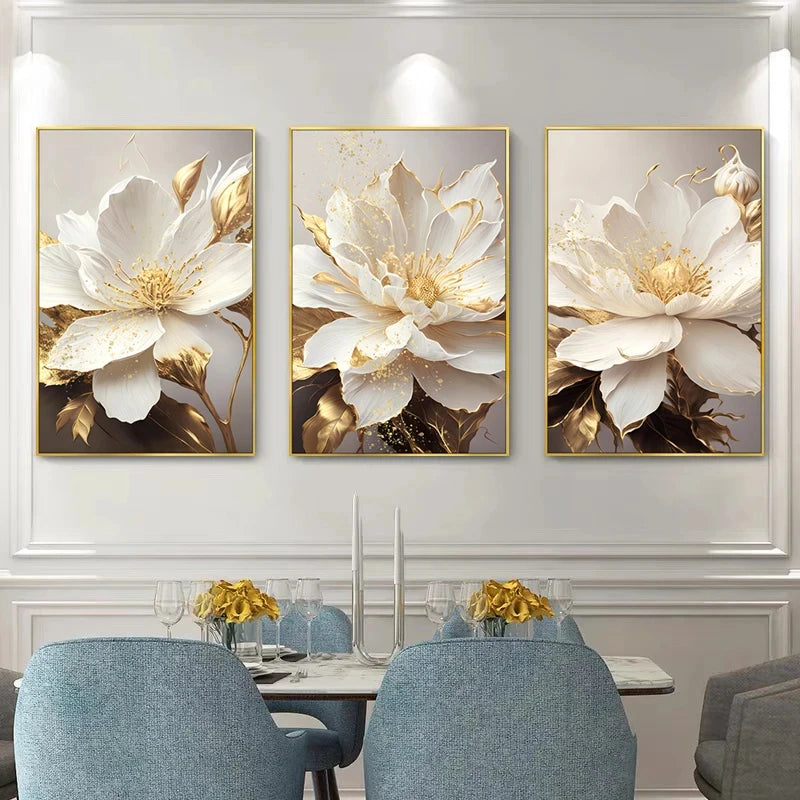 Gold Leaf White Flowers Oil Paintings