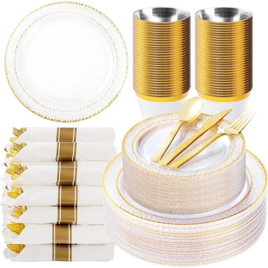 Clear Plastic Plates with Gold Trim for 50 Guests, Disposable Dinnerware Set for Party, Includes Plastic Plates