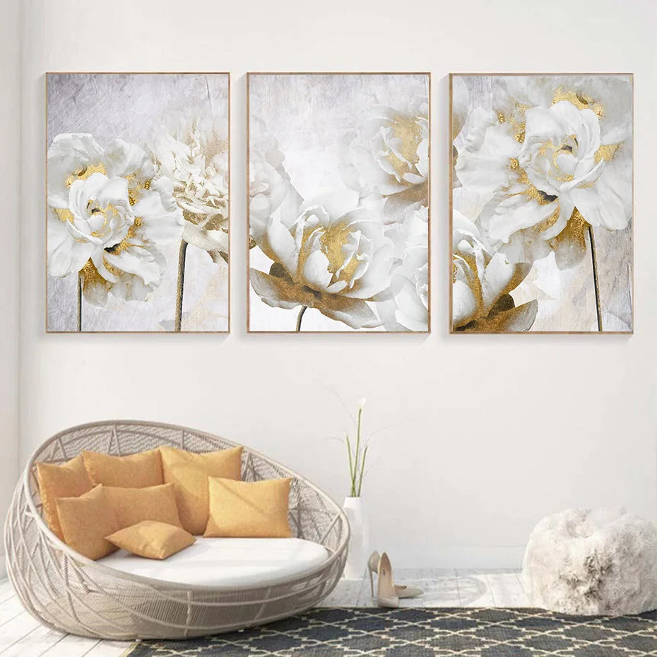 \Gold White Blooming Floral Wall Art