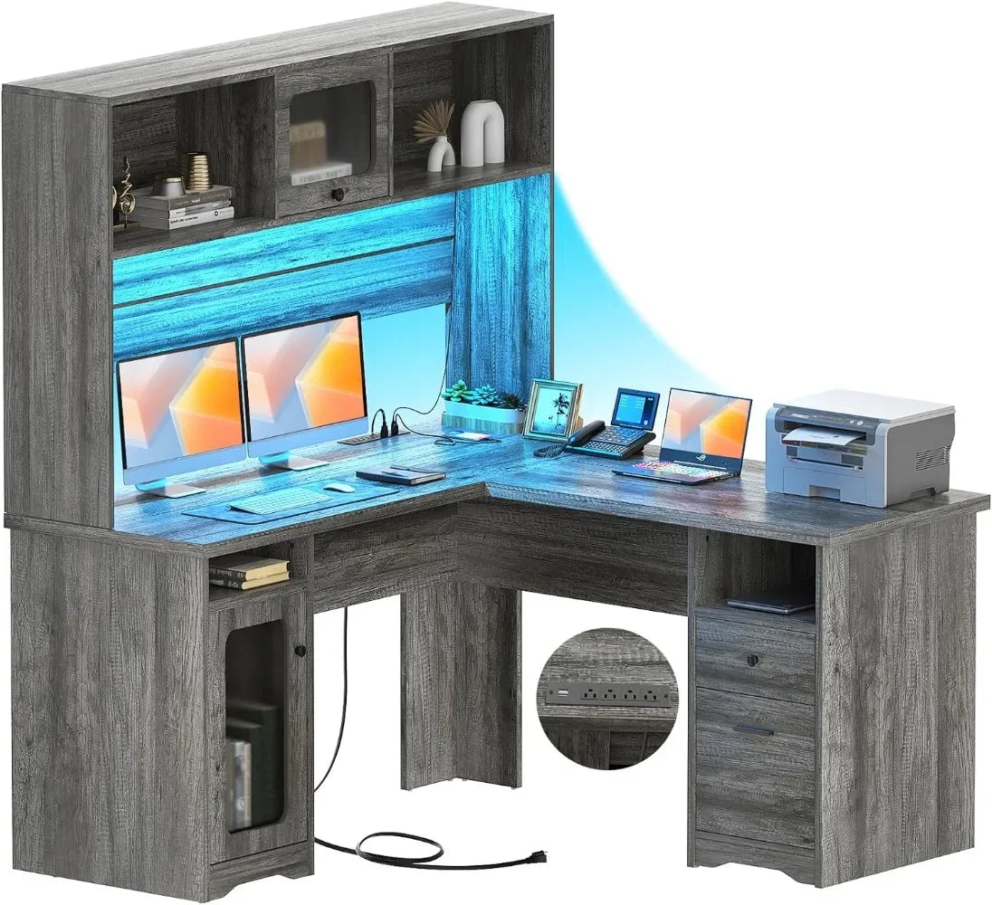 L Shaped Desk with Drawers and Hutch