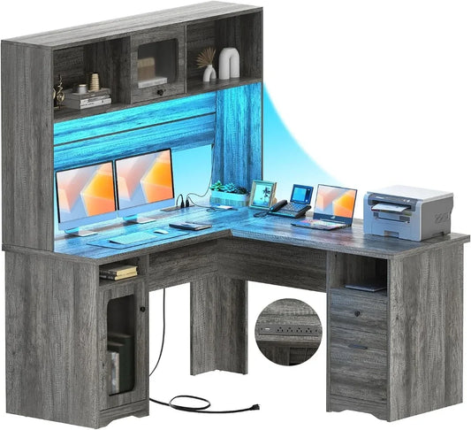 L Shaped Desk with Drawers and Hutch