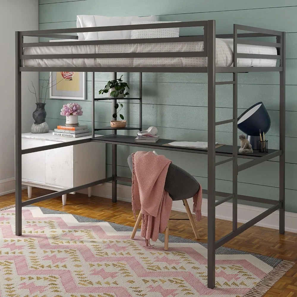 Metal Full Loft Bed with Desk & Shelves, Gray/Black