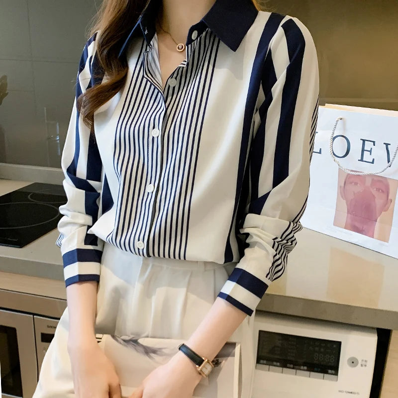 Long Sleeve Striped Chiffon Blouse