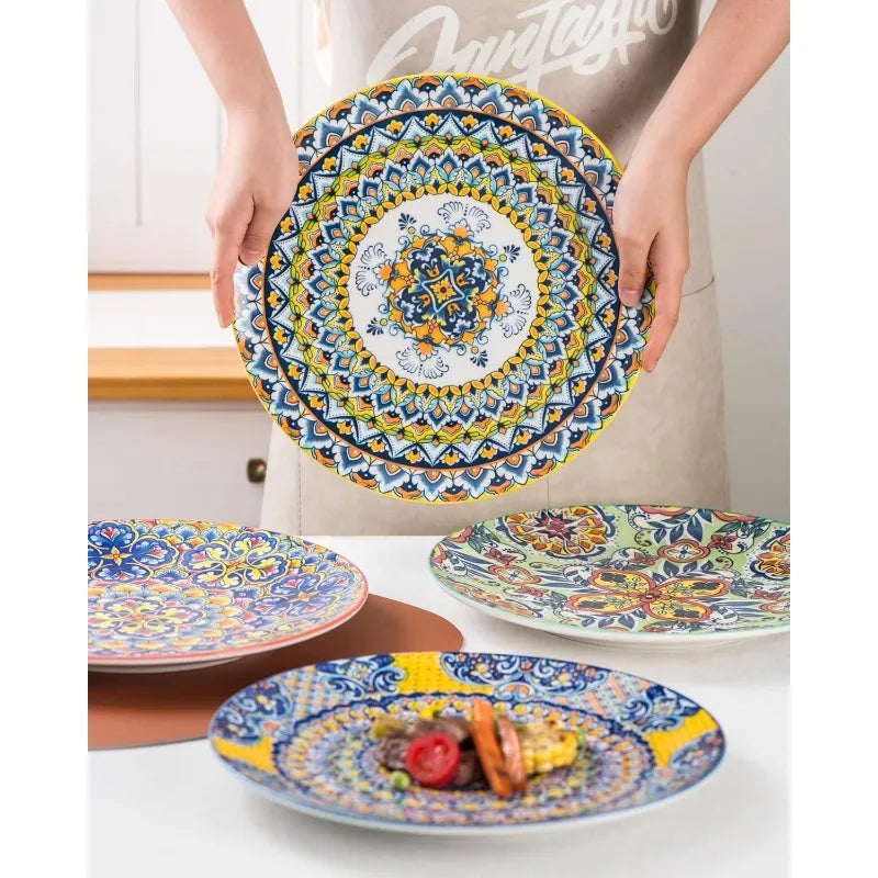 Ceramic Dinner Plates , Pasta, Salad Plate, Porcelain Colorful Serving Dishes , Dishware, Microwave & Oven safe - Bohemian Style