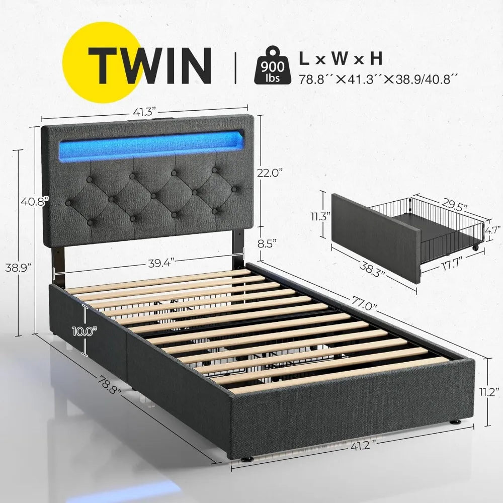 Twin Size Bed Frame with LED Lights