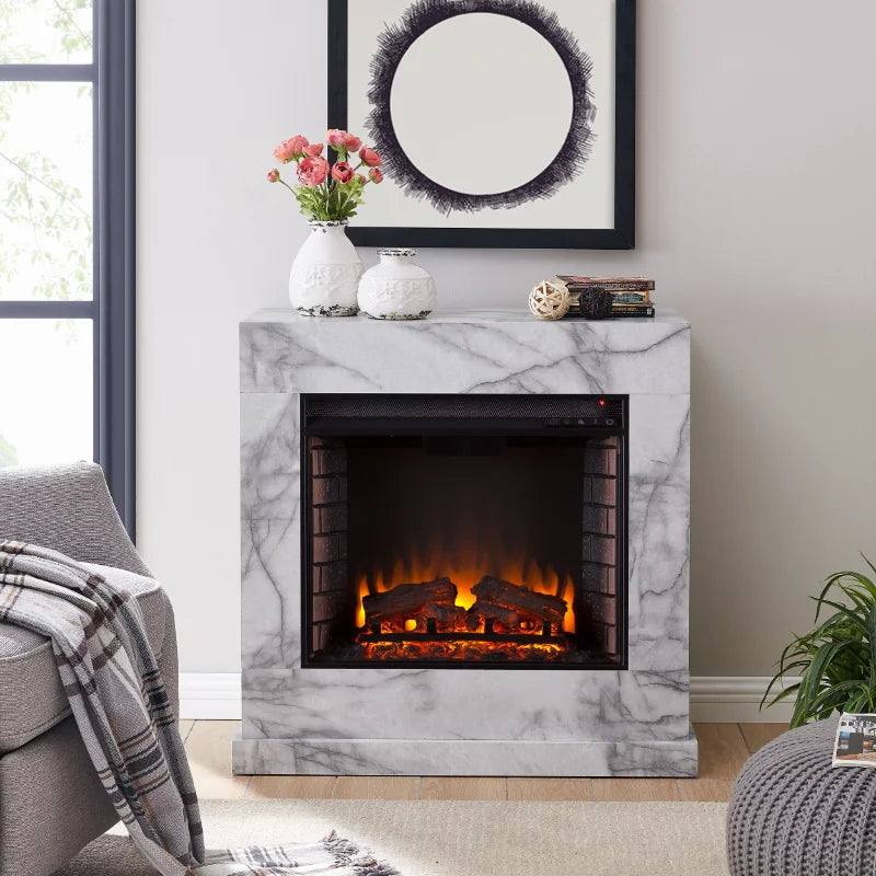 Electric Fireplace in White Faux Marble