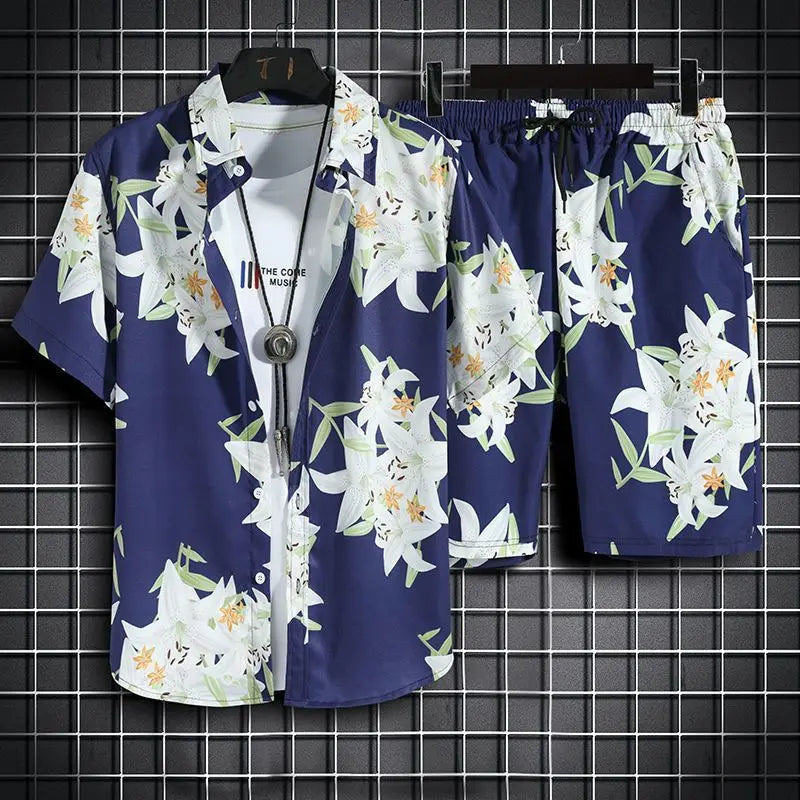 Quick Dry Hawaiian Shirt and Shorts Set Men Fashion Clothing Printing Casual Outfits Summer