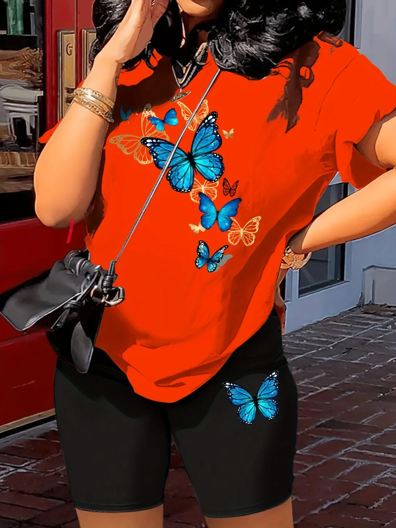 Women's Summer Butterfly Print T-shirt +Shorts Set