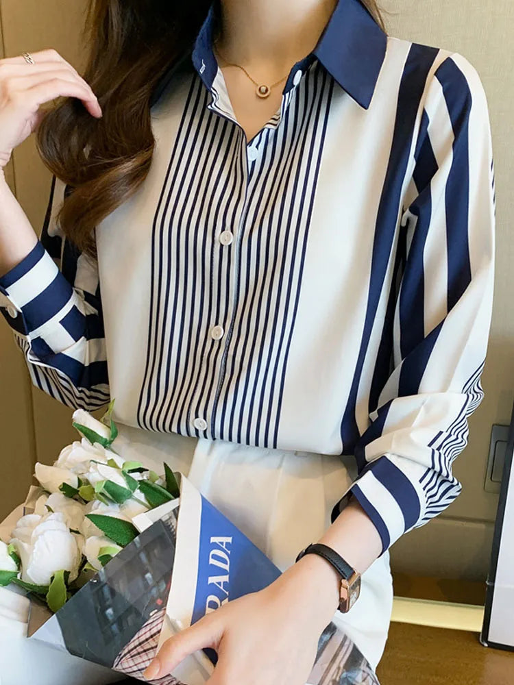 Long Sleeve Striped Chiffon Blouse