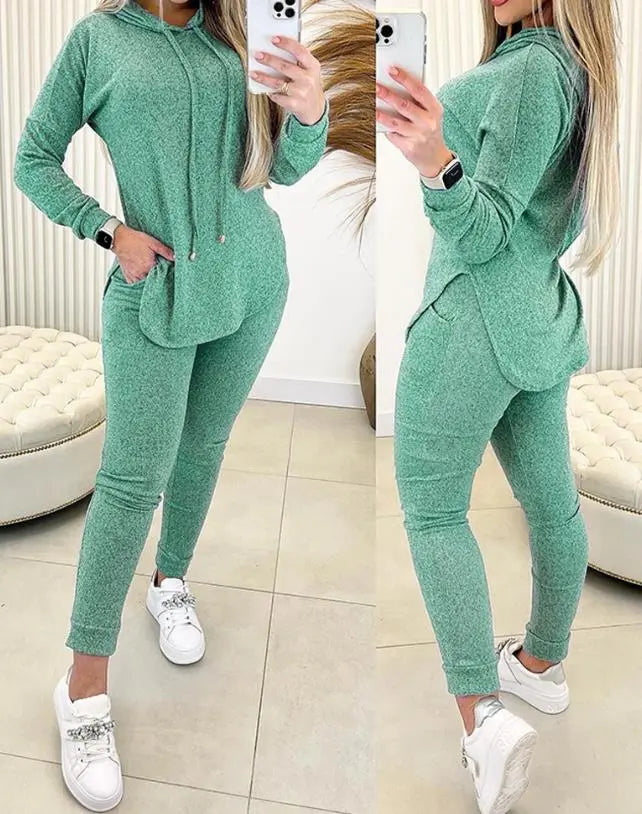 2 Piece Set Women Outfit 2024 Spring Fashion Hem Slit Long Sleeve Hooded Sweatshirt & Casual Pocket Design High Waist Pants Set