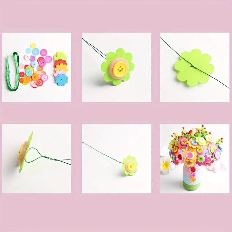 Flower Bouquet Crafts for Girls with Buttons and Felt Flowers, Vase Art for Children - DIY Activity Christmas Birthday Gift