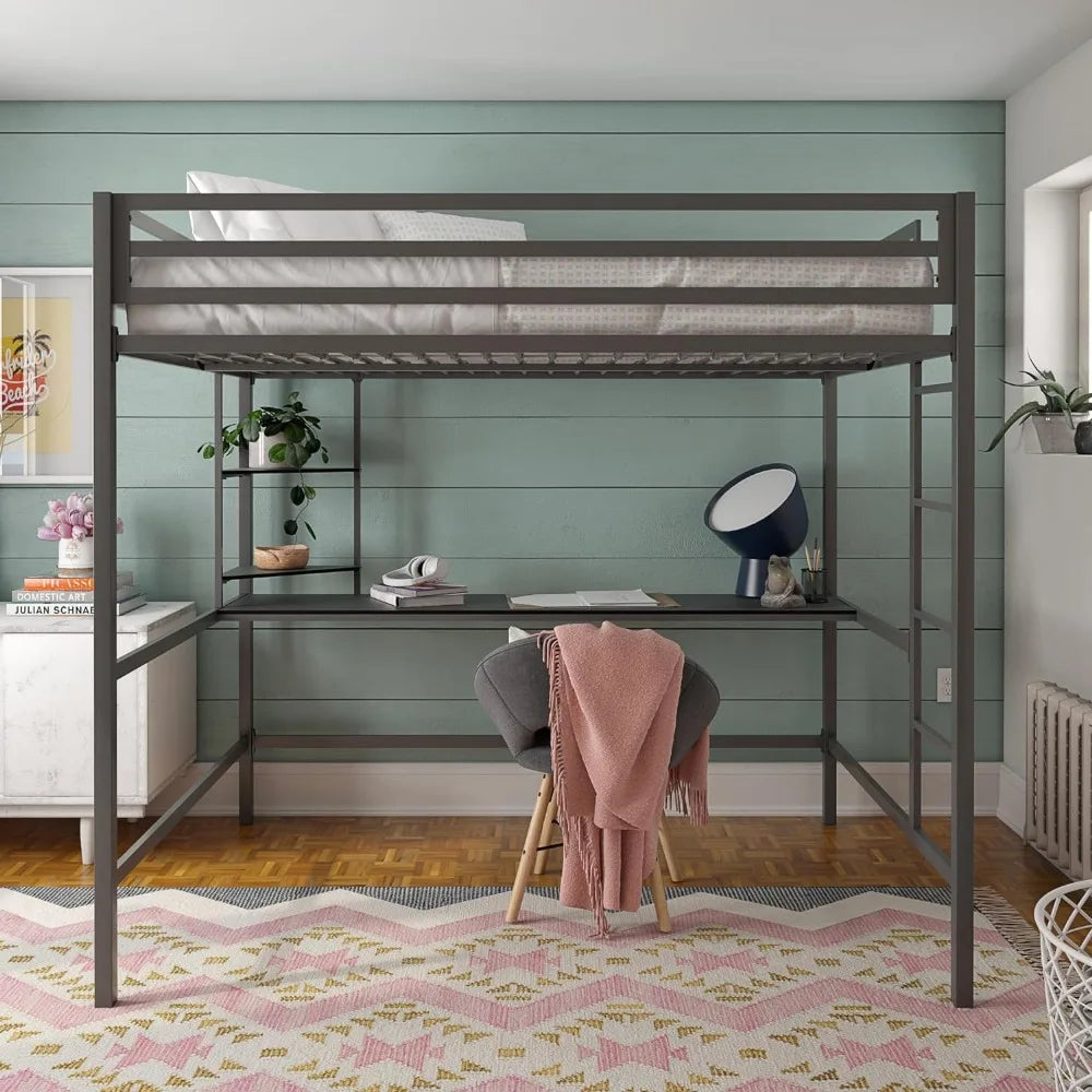 Metal Full Loft Bed with Desk & Shelves, Gray/Black