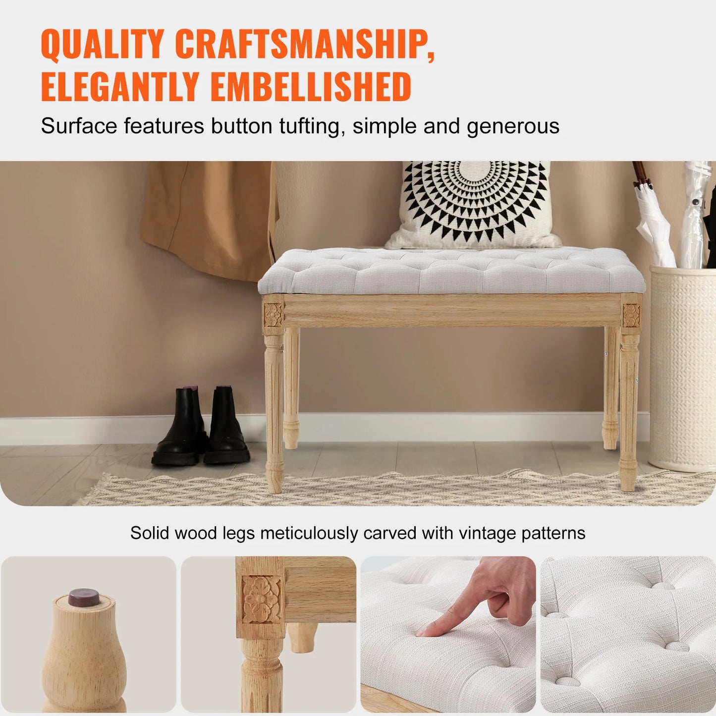 VEVOR Upholstered Bench Ottoman Bench End of Bed Bench with Foam Padded Cushion and Rubber wood Legs for Bedroom Living Room