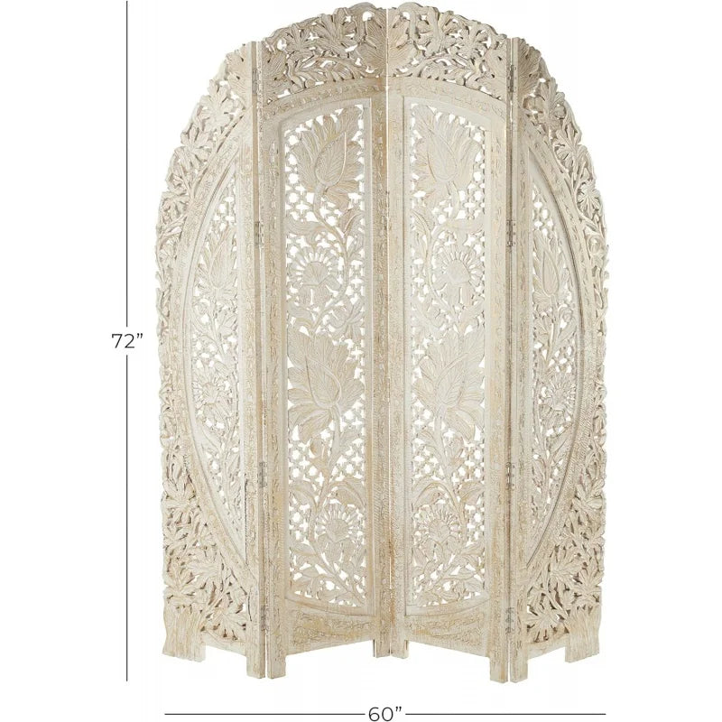 Deco 79 Wood Floral Handmade Partition Room Divider Screen Foldable Arched Partition 4 Panel Privacy Screen with Intricately Car