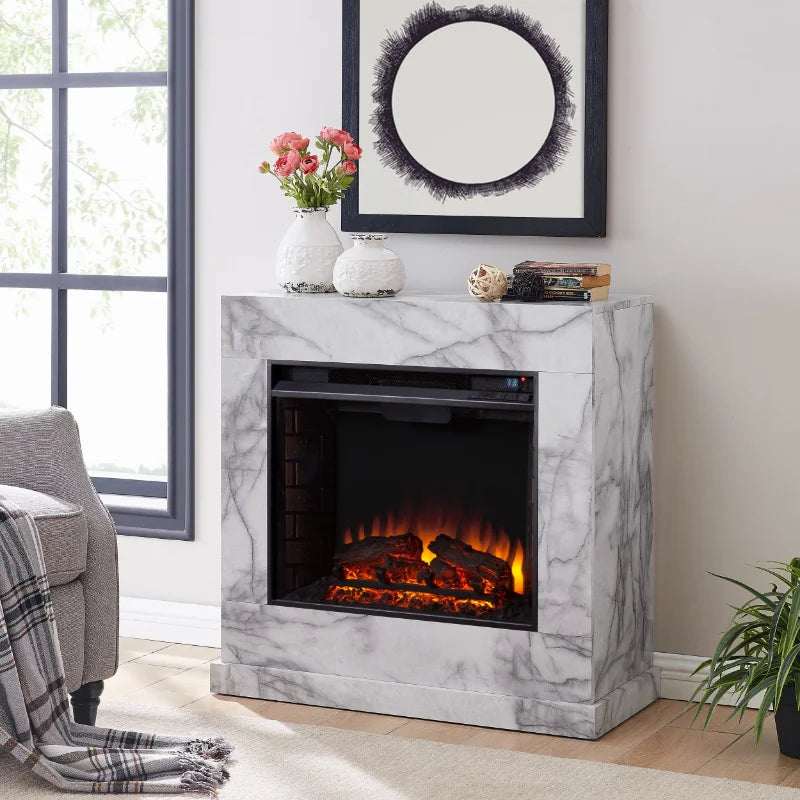 Electric Fireplace in White Faux Marble