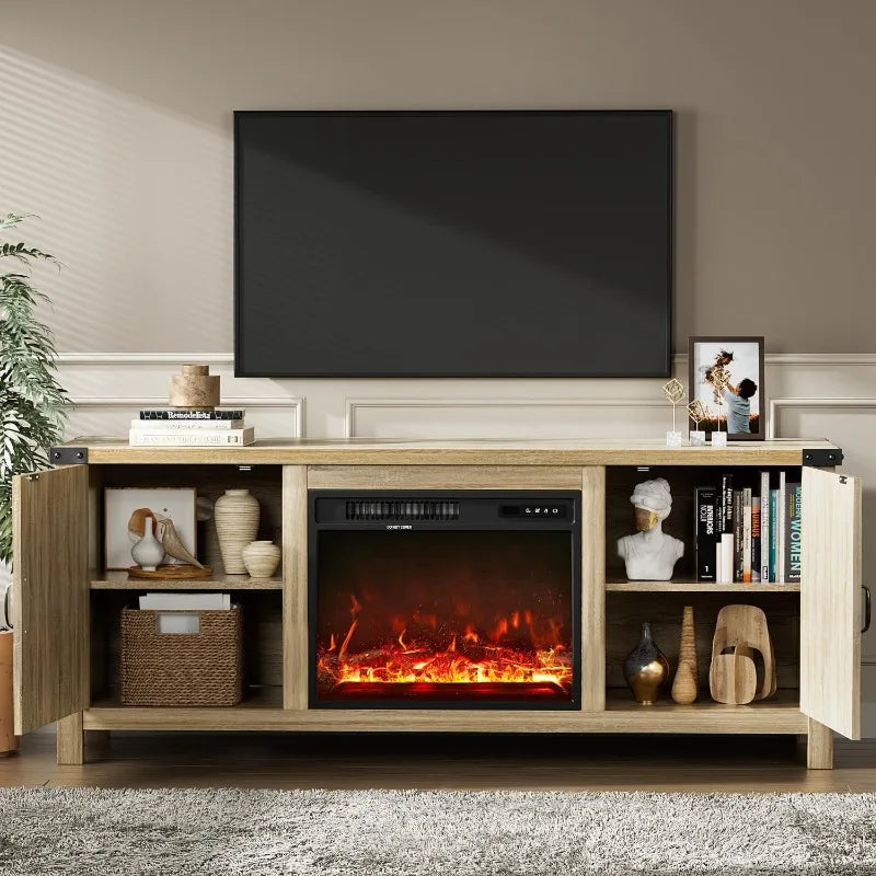 Fireplace TV Stand with Two Barn Doors and Storage Cabinets for Televisions up to 65+ Inch, Entertainment Center Console Table