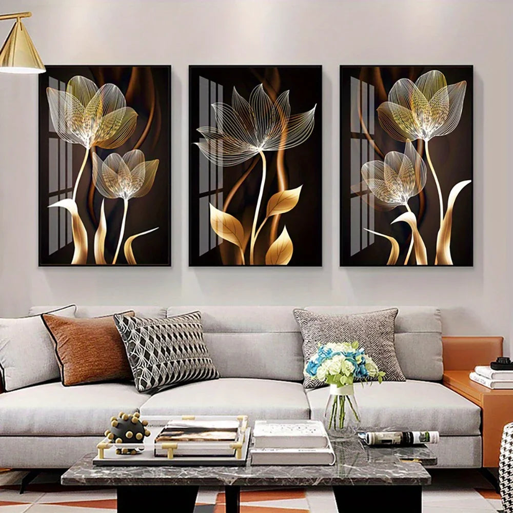 3PCS Black and Golden Flower Wall Art