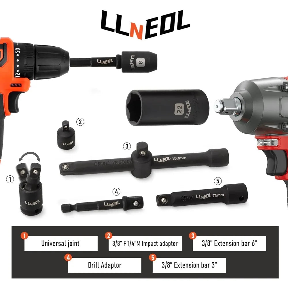 LLNEDL 3/8" Drive Impact Socket Set 95Pcs, Spark Plug Socket (5/8", 13/16"), 6 Point Metric & SAE from 5/16"- 3/4", 8-22mm,