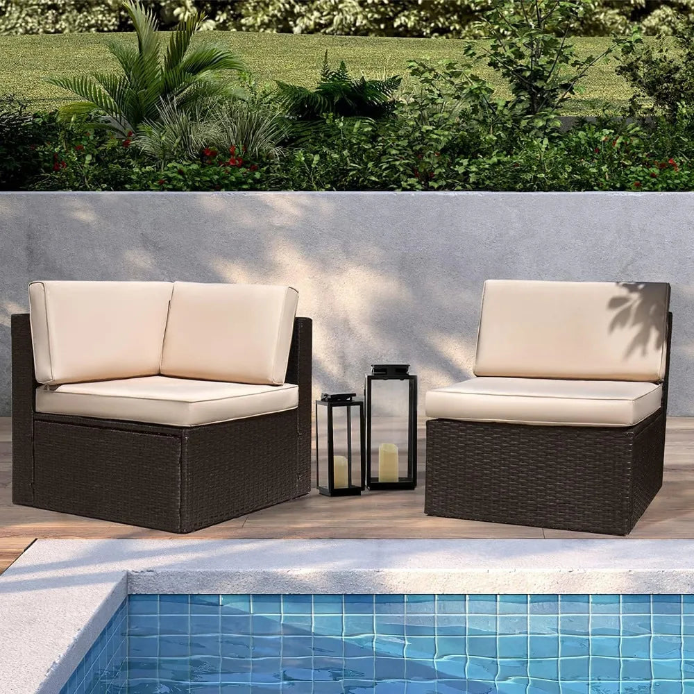 2 Pieces Patio Furniture Sets Manual Weaving Wicker Rattan  Seating Sofas with Cushion and Glass Table，Garden Furniture Sets