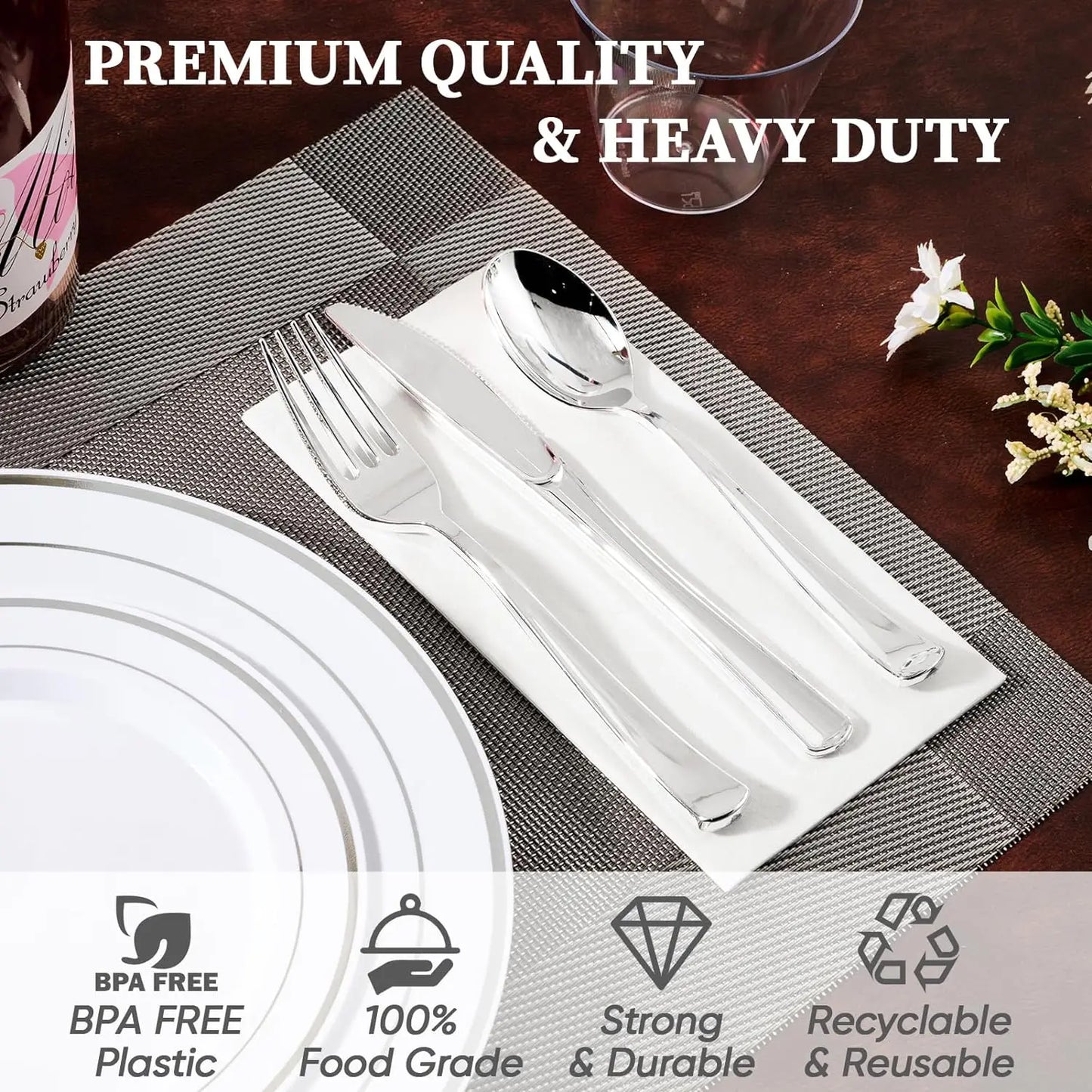 FOCUSLINE 600pcs Silver Dinnerware Set for 100 Guests, Silver Rimmed Plastic Plates Disposable, 100 Dinner Plates, 100 Dessert P