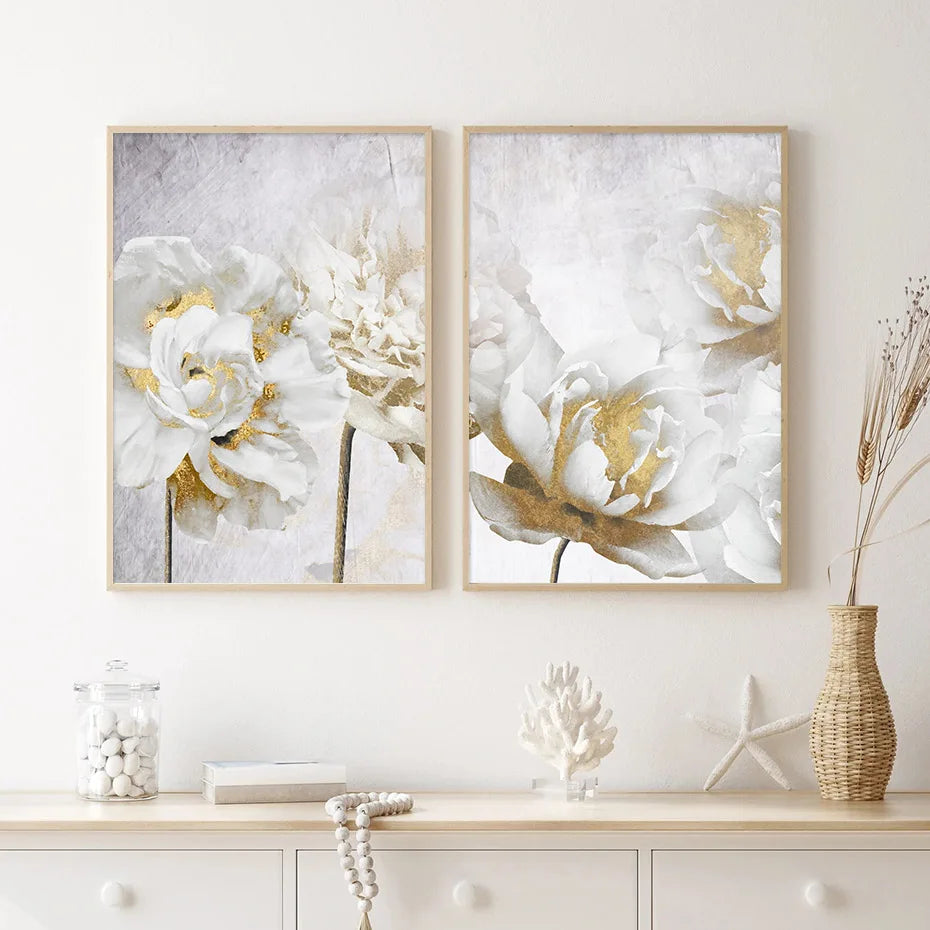 \Gold White Blooming Floral Wall Art