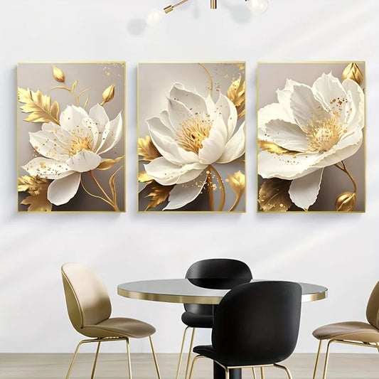 3PCS Canvas Poster Golden Plant White Flower