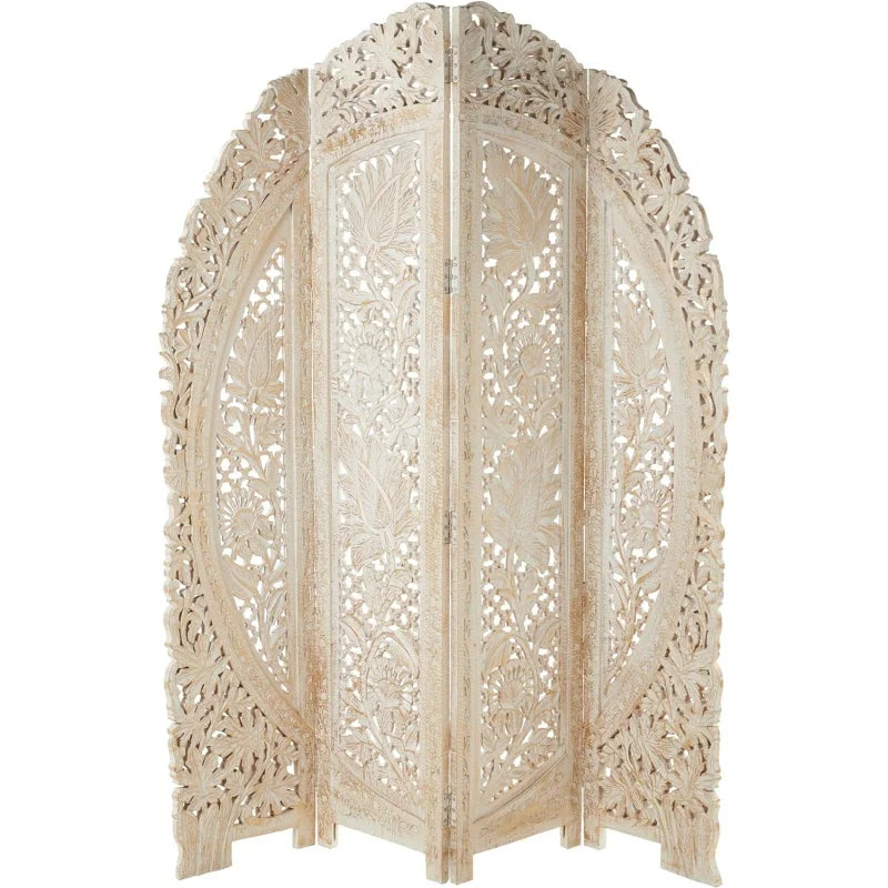 Deco 79 Wood Floral Handmade Partition Room Divider Screen Foldable Arched Partition 4 Panel Privacy Screen with Intricately Car