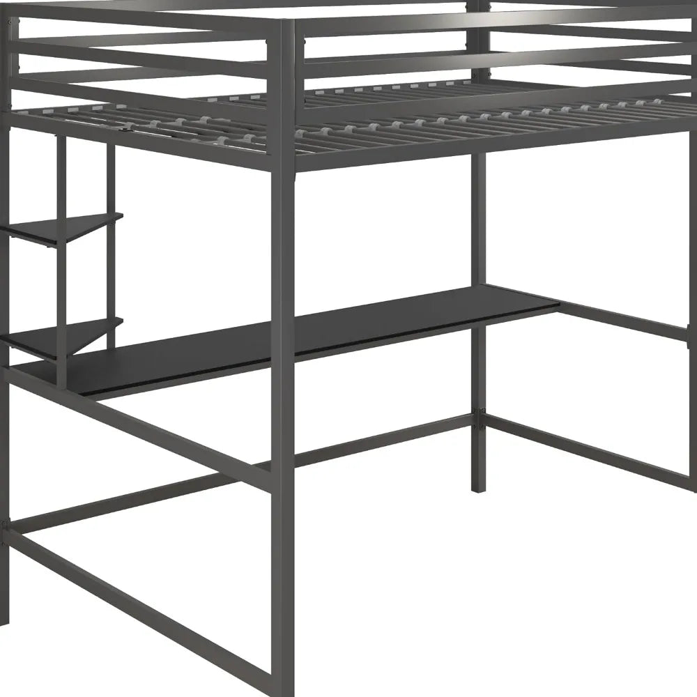 Metal Full Loft Bed with Desk & Shelves, Gray/Black