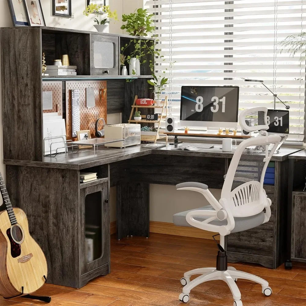 L Shaped Desk with Drawers and Hutch