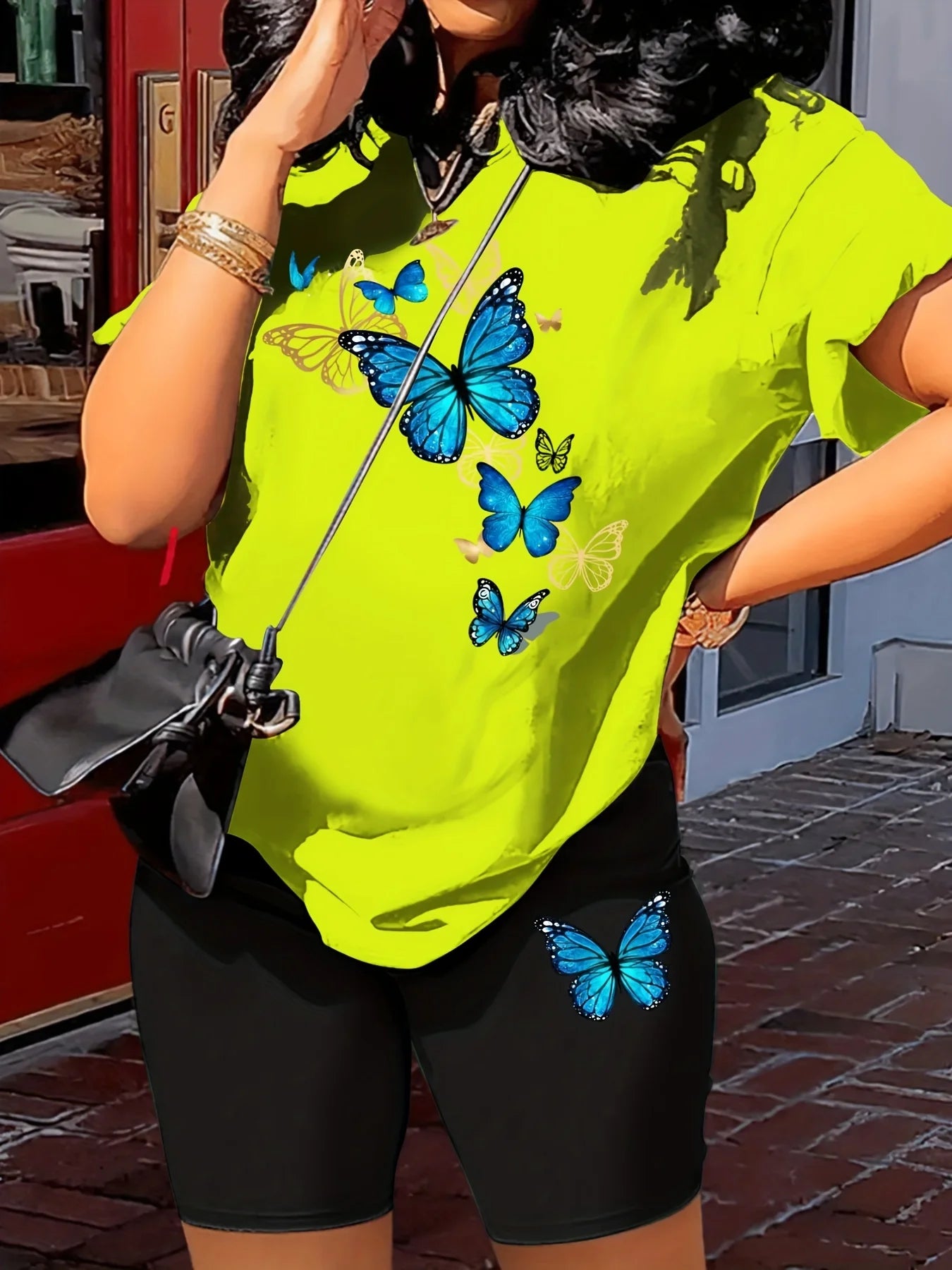 Women's Summer Butterfly Print T-shirt +Shorts Set