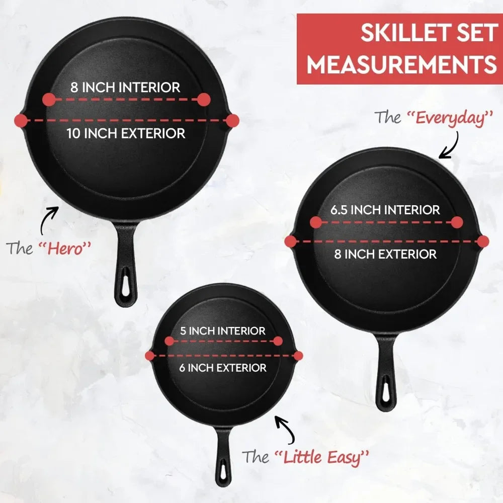 Simple Chef 3-Piece Set Cast Iron Skillet