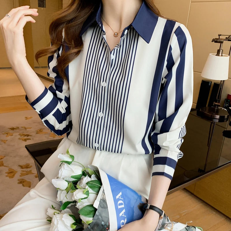 Long Sleeve Striped Chiffon Blouse