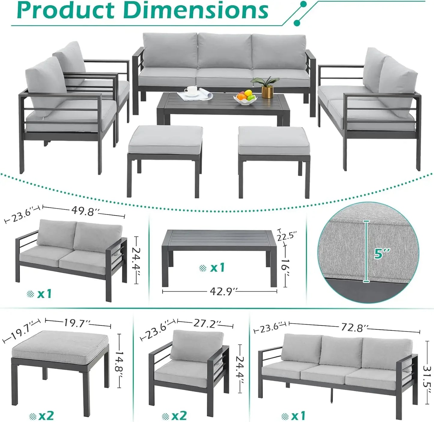 Modern Patio Furniture with Coffee Table, 7pcs