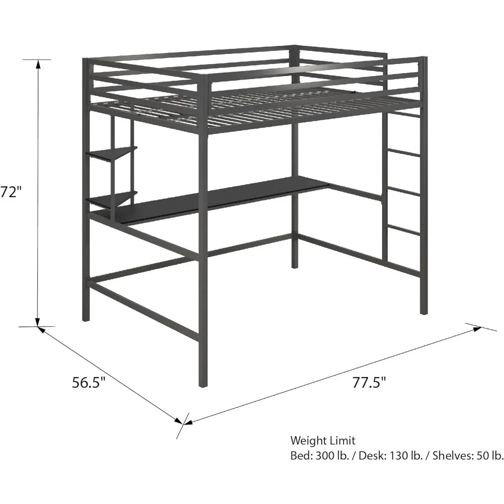 Metal Full Loft Bed with Desk & Shelves, Gray/Black