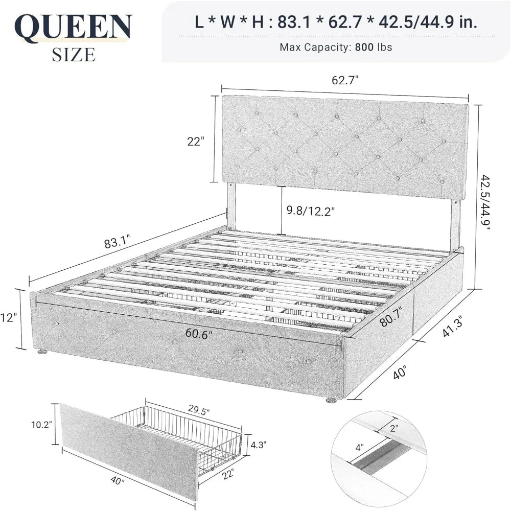 Upholstered Queen Size Platform Bed Frame